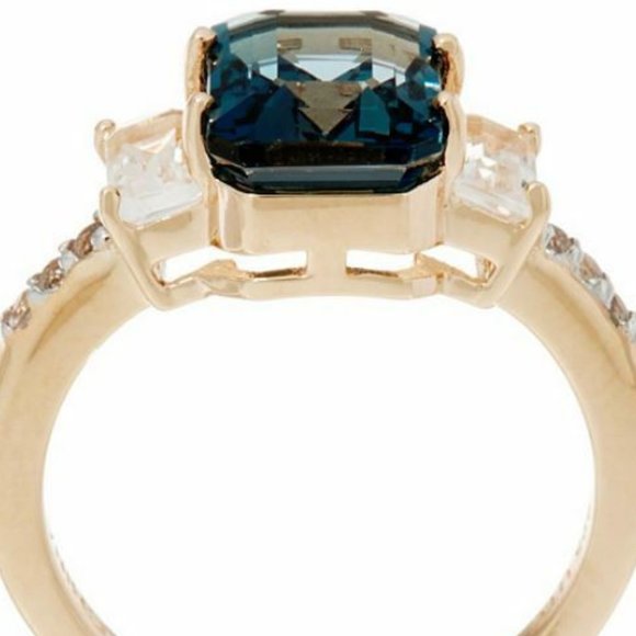 Ross-Simons Emerald Cut London Blue Topaz & White Topaz Sterling Ring - Picture 2 of 4